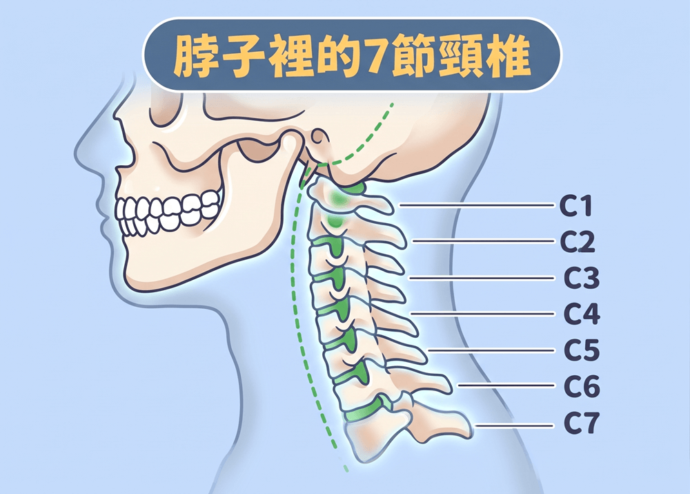脖子裡的7節頸椎，有輕微的弧度